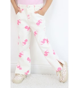 Escabel Kız Çocuk Jean Pantolon Çiçek Desenli Paçası Yırtmaçlı 1.5-5 Yaş, Ekru