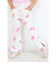 Escabel Kız Çocuk Jean Pantolon Çiçek Desenli Paçası Yırtmaçlı 1.5-5 Yaş, Ekru