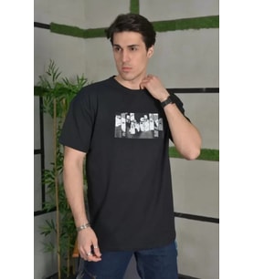 pilelistore- Unisex Bisiklet Yaka Baskılı Oversize T-Shirt - Siyah