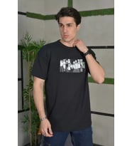 pilelistore- Unisex Bisiklet Yaka Baskılı Oversize T-Shirt - Siyah