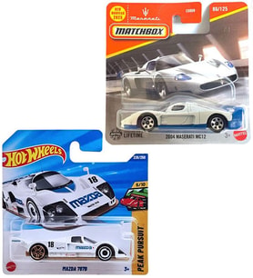 2 Araç Set - Hot Wheels Mazda 787B & Matchbox 2004 Maserati MC12 (1/64) Beyaz