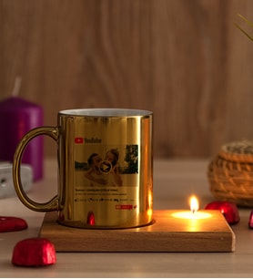 Kişiye Özel Youtube Tasarım Fotoğraflı Ahşap Altlıklı Mumlu Gold Kupa