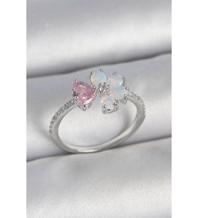 Pirinç Gümüş Renk Beyaz Mineli Pembe Zirkon Taşlı Çiçek Model Kadın Yüzük - HPSBYI4287-2