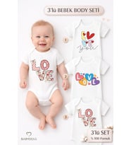 Love Baskılı 3’lü Bebek Body Seti %100 Pamuk – Kısa Kollu Çıtçıtlı Yenidoğan & Bebek Zıbın (0-24 Ay) (Beyaz)