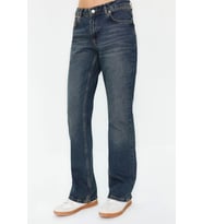 Kadın Moda Şık Kot Pantolon Boru Paça Regular Boy Denim Düşük Bel Straight Jeans (Koyu Mavi)