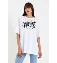 pilelistore- Unisex Bisiklet Yaka Baskılı Oversize T-Shirt - Beyaz