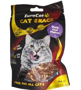 EuroCat Tahılsız Şekersiz Kurutulmuş Et Cat Duck Cod Flakes Kedi Ödülü 50 Gr