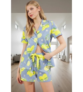 Kadın Rahat Pamuklu Limon Desenli Kısa Kollu Pijama Takımı Yazlık Kaliteli İşçilik Şık Görünüm