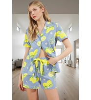 Kadın Rahat Pamuklu Limon Desenli Kısa Kollu Pijama Takımı Yazlık Kaliteli İşçilik Şık Görünüm
