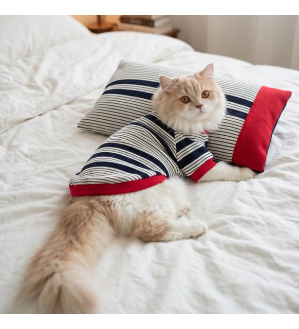Yacht Club Marin Çizgili Kedi Uyku Takımı  Lacivert Kırmızı Pamuklu Kedi Tulumu ve Mini Yastık
