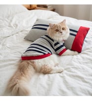 Yacht Club Marin Çizgili Kedi Uyku Takımı  Lacivert Kırmızı Pamuklu Kedi Tulumu ve Mini Yastık