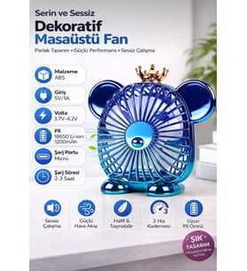 Mini Masaüstü Fan Sevimli Ayıcık Tasarımlı Taşınabilir Vantilatör USB Şarjlı (Mavi)