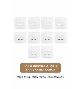 10'lu Güçlü Yapışkanlı Kanca Seti Suya Dayanıklı 7x7 Şeffaf