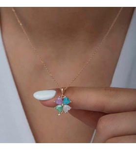 925 Ayar Gümüş Rose Renkli Taşlı Yonca Kadın Gümüş Kolye (Gümüş-Beyaz)