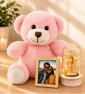 Kişiye Özel Fotoğraflı LED Işıklı Şans Melekli Fanus ve Pembe Peluş Ayıcık Kadına Sevgiliye Hediye