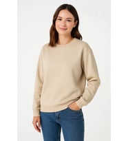 Üç İplik Düz Bisiklet Yaka SweatShirt - Bej