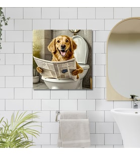 Tekli Kare Kanvas Banyo Tablosu Gazete Okuyan Gülen Golden Köpek