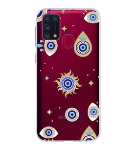 PrintiFy Samsung Galaxy M31 ile Uyumlu 1mm Slim Fit Nazar Boncuğu 5 Baskılı Şeffaf  Kılıf