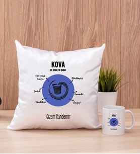 Kişiye Özel Kova Burcuna Hediye Kare Yastık ve Beyaz Kupa
