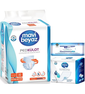 Mavi Beyaz Ped Emici Külot Hasta Bezi XL 30 Adet + Yatak Koruyucu 30 Adet + Temizleme Havlusu 1 Pk