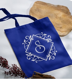 BK Gift Kişiye Özel Harfli Saks Mavi Kumaş Bez Çanta-2, Baskılı Omuz Çantası, Alışveriş Çantası