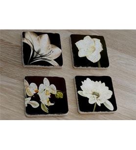 Siyah Zemin Orkide Gerbera ve Çiçekler Doğal Taş Bardak Altlığı 4'lü set - Natural Stone Coasters