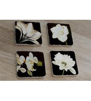 Siyah Zemin Orkide Gerbera ve Çiçekler Doğal Taş Bardak Altlığı 4'lü set - Natural Stone Coasters
