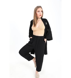 Keten Kimono Takım Göz Nakışlı - Siyah