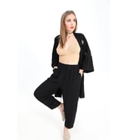 Keten Kimono Takım Göz Nakışlı - Siyah