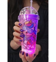 Renkli Boncuklu Sevimli Unicorn Tasarımlı 450 ML Led Işıklı Pipetli İçecek Bardağı Suluk Mor 2646