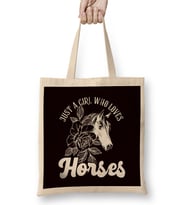 Girl Who Loves Horses Horse Head Horseshoe Equestrian Sport Bez Çanta Uzun Saplı