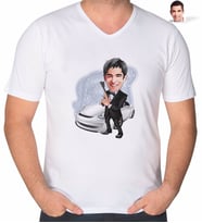 BK Gift Kişiye Özel Erkek Ajan Karikatürlü V Yaka Tişört-1 (Beyaz)