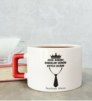 BK Gift Kişiye Özel Babalar Günü Tasarımlı Kırmızı Kulplu Çay & Kahve Fincanı-12, Babaya Hediye, Babalar Günü Hediyesi