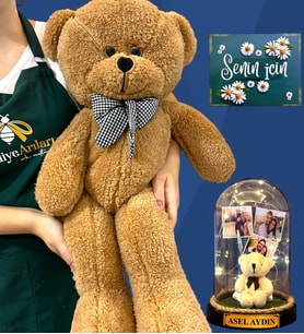 Sizlere Özel 3 Fotoğraflı, İsimli Işıklı Fanus ve Büyük Boy Kahve Peluş Ayıcık - Kişiselleştirilmiş Set (Model 1)