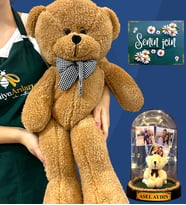 Sizlere Özel 3 Fotoğraflı, İsimli Işıklı Fanus ve Büyük Boy Kahve Peluş Ayıcık - Kişiselleştirilmiş Set (Model 1)