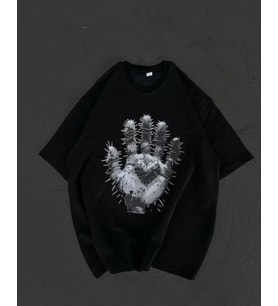 Unisex Bisiklet Yaka Baskılı Oversize T-Shirt - Siyah