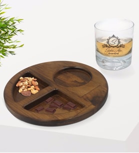 BK Gift Kişiye Özel İsimli Viski Bardağı ve Doğal Masif Ahşap Ceviz Yuvarlak Sunum Tabağı Çerezlik Hediye Seti-11