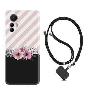 Xiaomi 12 Lite Kılıf Resimli Boyun Askılı İpli Desenli Silikon Strip Pink Flowers 1396
