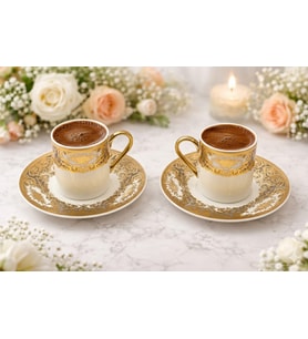 DECO VİEN OSMANLI MOTİFLİ GRİ-GOLD 2'Lİ PORSELEN KAHVE FİNCAN TAKIMI