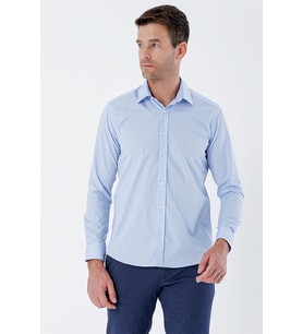 Mavi Uzun Kollu Bez Ayağı Sert Yaka Cepsiz Pamuklu Basic Slim Fit Dar Kesim Gömlek 1004235357