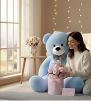 Premium 90 cm Peluş Ayı ve Silindir Pembe Kalpli Kutuda, Kalpli Balonlu 6’lı Pembe Ayıcık Buketi (Açık Mavi)
