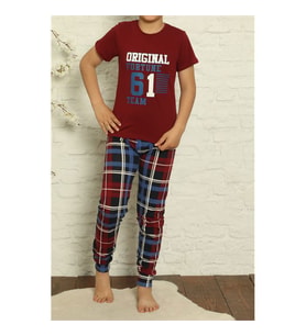 Erkek Çocuk Pijama Takımı Kısa Kollu Pamuk Garson Likralı Bordo Mavi 61 BORDO