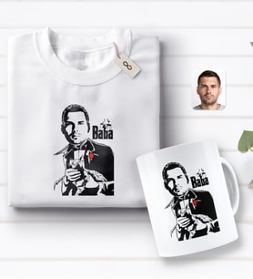 BK Gift Kişiye Özel Godfather Baba Tasarımlı Beyaz Tişört ve Kupa Seti-4 (Model 1)