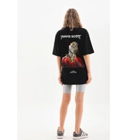 Kadın Baskılı T-Shirt Kısa Kol Bisiklet Yaka Oversize Rahat Kalıp Günlük Tişört - Siyah
