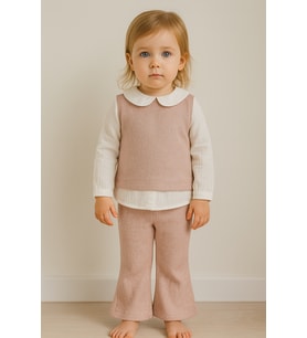 Kız bebek Bebe Yaka Simli Müslin Kumaş Pantolon Takım - 6-9 AY / PEMBE