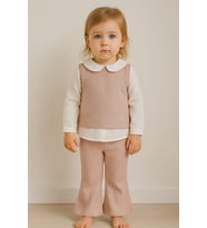Kız bebek Bebe Yaka Simli Müslin Kumaş Pantolon Takım - 6-9 AY / PEMBE