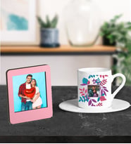 Kişiye Özel Fotoğraf Tasarımlı Türk Kahve Fincanı Ve Resimli Pembe Çerçeve