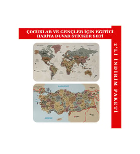 Eğitici Ve Öğretici Dünya Ve Türkiye Haritası Çocuk Odası Duvar Sticker-3883-60x105