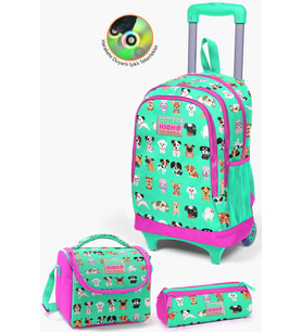 Coral High Kids Su Yeşili Neon Pembe Köpek Desenli Çekçekli 3'lü Çanta Seti SET0123362