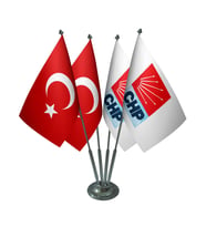 Masa Üstü CHP Bayrağı Türk Bayrağı Dörtlü Krom Direk Masa Bayrak Seti